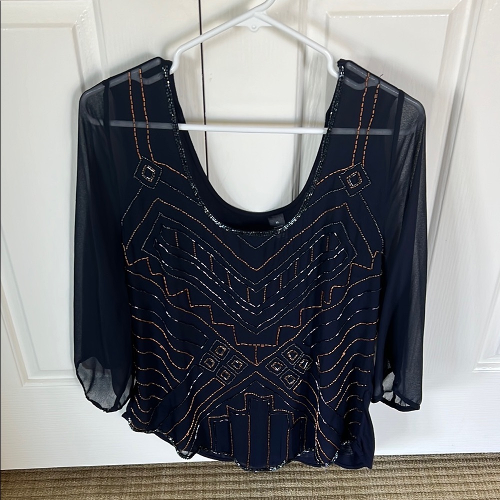 Blue embellished blouse with cowl neck and 3/4 sleeves